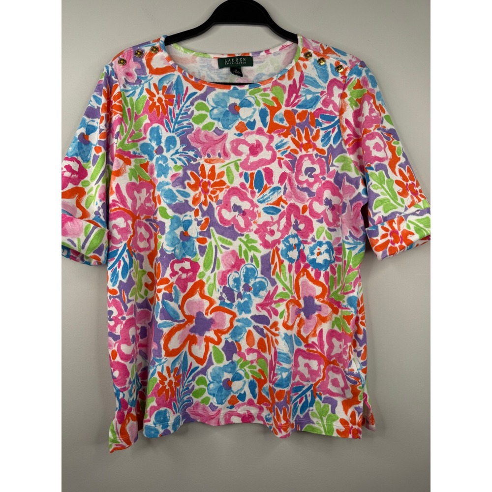 Lauren Ralph Lauren Women's 1X Floral 100% Cotton Top Elbow Sleeve Multicolor